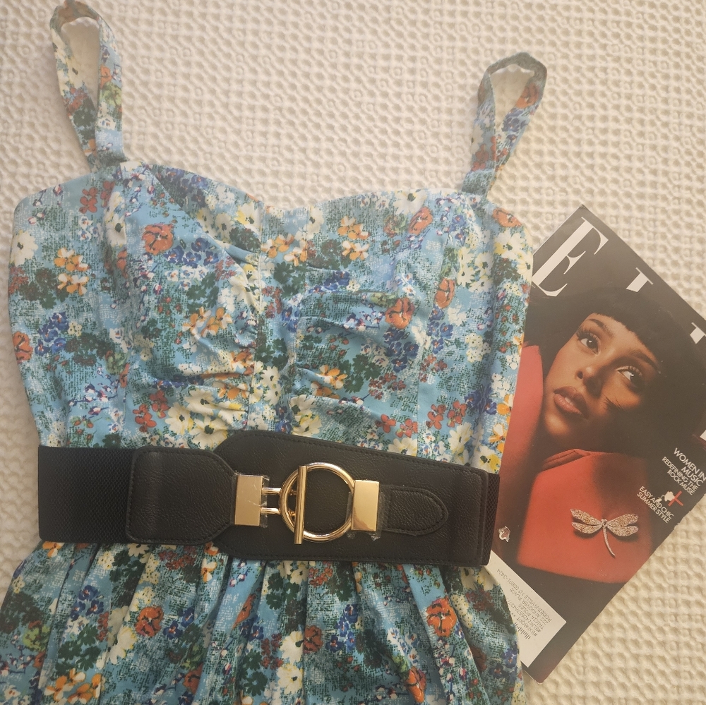 Modcloth Women's Sz.L Blue & Green Floral Adjustable Tank Smocked Dress